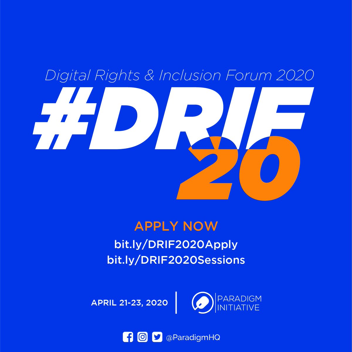 ParadigmHQ's tweet photo. #DRIF2020: Call for applications to attend, and for session proposals for the Digital Rights and Inclusion Forum, April 21 - 23 2020 are now open! Before December 31 2019,
Apply to attend via: https://t.co/5ntWs7wqNb
Submit a session proposal via: https://t.co/LKW12djByq https://t.co/53wEGmo7LG