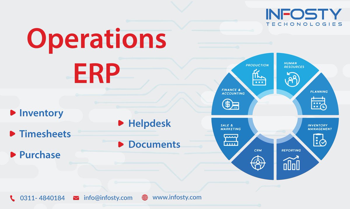 InfostyT's tweet image. Manage your business with ERP solutions developed by Infosty Technologies, so contact us to develop your ERP solutions and for more information at (042) 35304353.
#erpsolutionproviders #erp #erpsystem #erpsolutions #enterpriseresourceplanning #ERPdevelopmentInLahore #ERPservices
