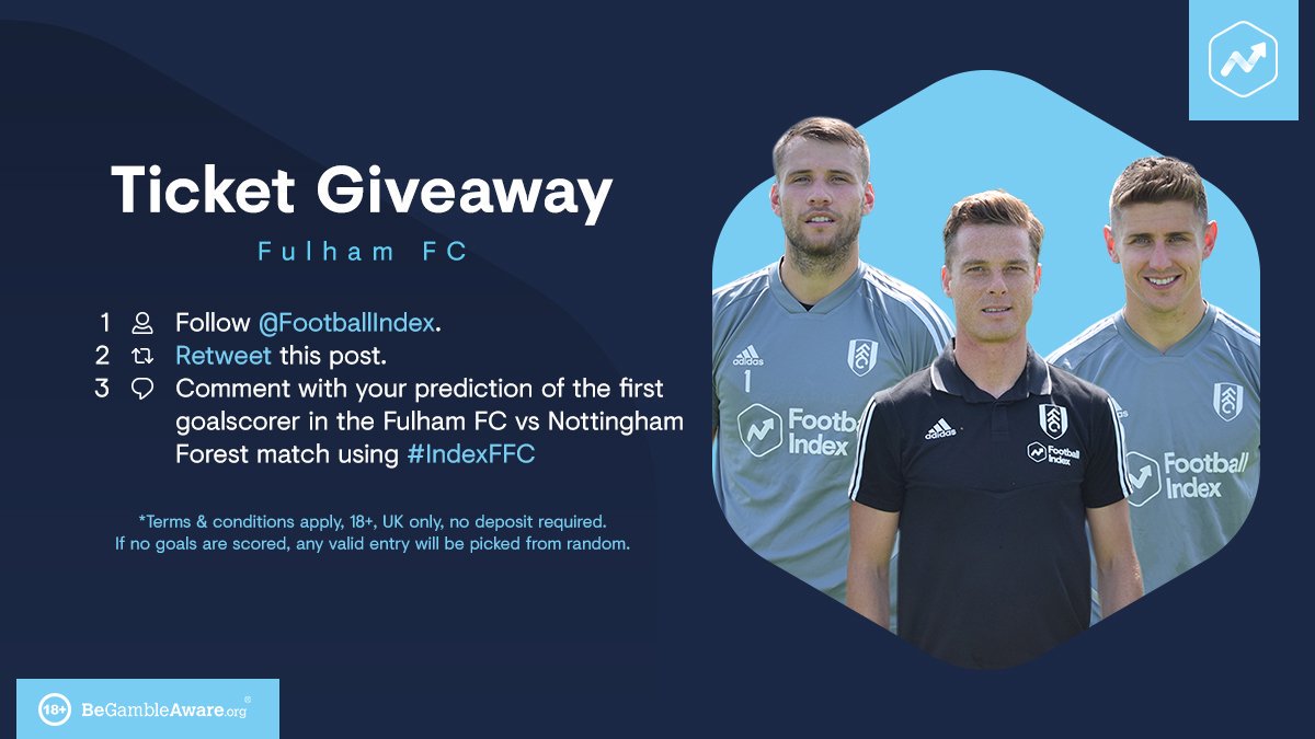 FootballIndex's tweet photo. Hi @FulhamFC fans 👋

Fancy winning 2️⃣ tickets to a home match of your choice? 

Guess the first goalscorer in #FULFOR 

Here is how to enter: 
1️⃣ Follow @FootballIndex 
2️⃣ RT this tweet
3️⃣ Reply with your pick using #IndexFFC 

T&amp;C's:
https://t.co/YwJbBC12c0

#FootballIndex #FFC https://t.co/eTkDMeZXzE