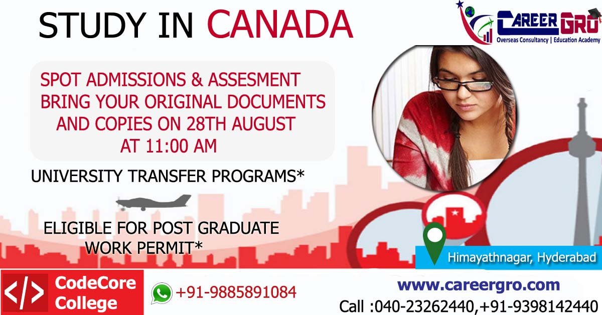 Careergro's tweet image. 👉Study Advanced #Diplomas at #CodeCore College
Affordable Tuition Fees. 5 Years Gap Acceptable*. Nov'19 and Jan'20 Intake Open. Further Details Contact Us +91-9398142440 #StudyAbroad #StudentVisa