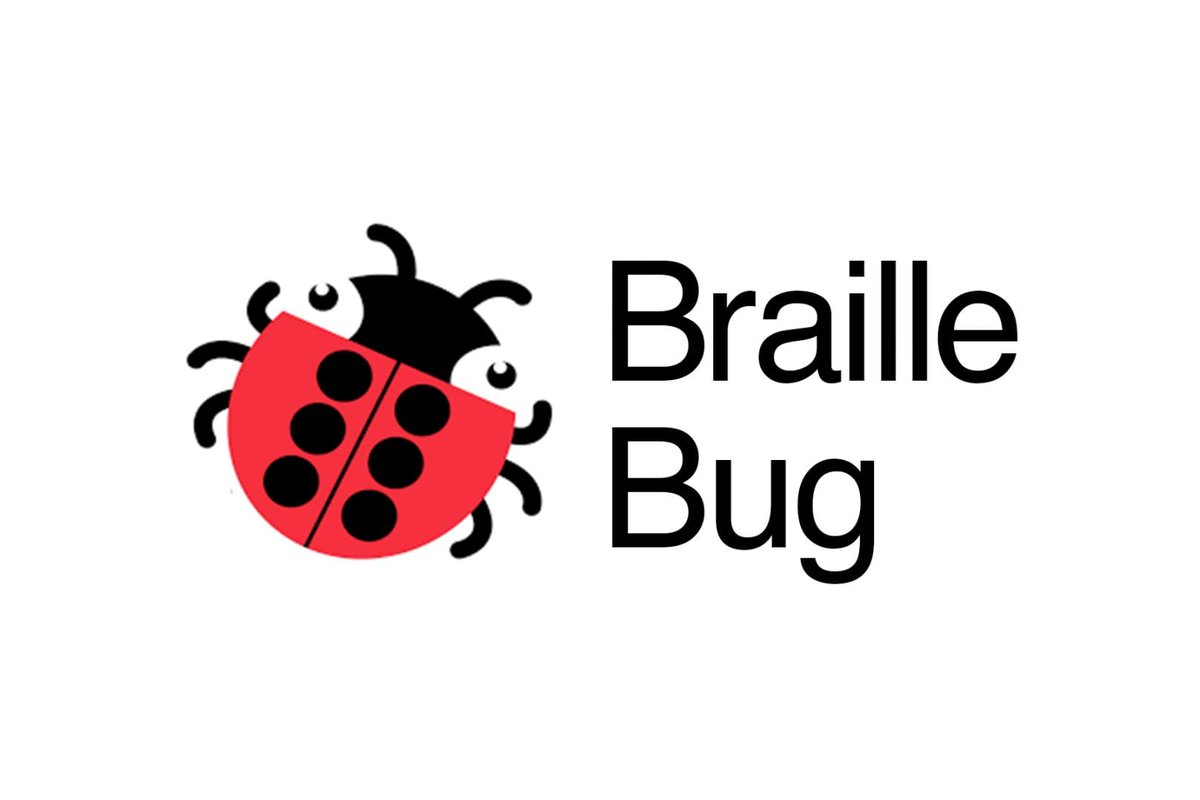 braille bug logo, cartoon of a lady bug with 6 dots in the shape of a braille cell