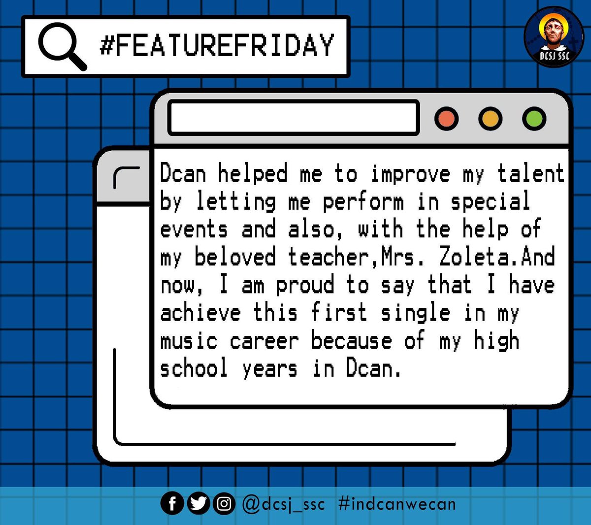 dcsj_ssc's tweet photo. โNever underestimate the power of dreams and the influence of the human spirit. โ โWilma Rudolph
Meet the talented Ms. Crystal Brosas of Batch 2015 She is now a successful artist. Let us all reach for our dreams and also support her music ๐ง
#FeatureFriday
#InDCANweCAN https://t.co/sLs9gVIrUr