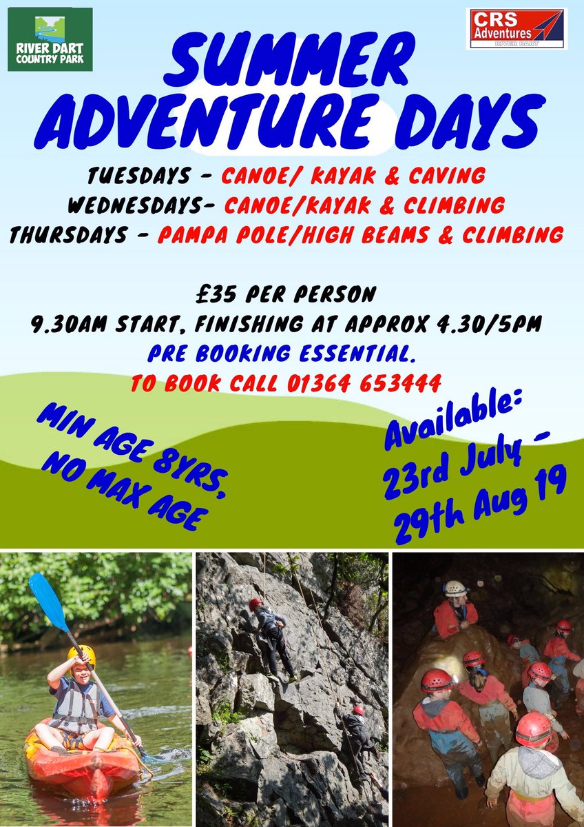 Next week is your last chance to do one of our Adventure Days until May 2020, so don’t miss out and get yourselves booked! Availability for next week as follows: 
Tue 27th = 5 spaces
Wed 28th = FULLY BOOKED
Thur 29th = 8 spaces 
Min age 8yrs. Call 01364 653444 to book.