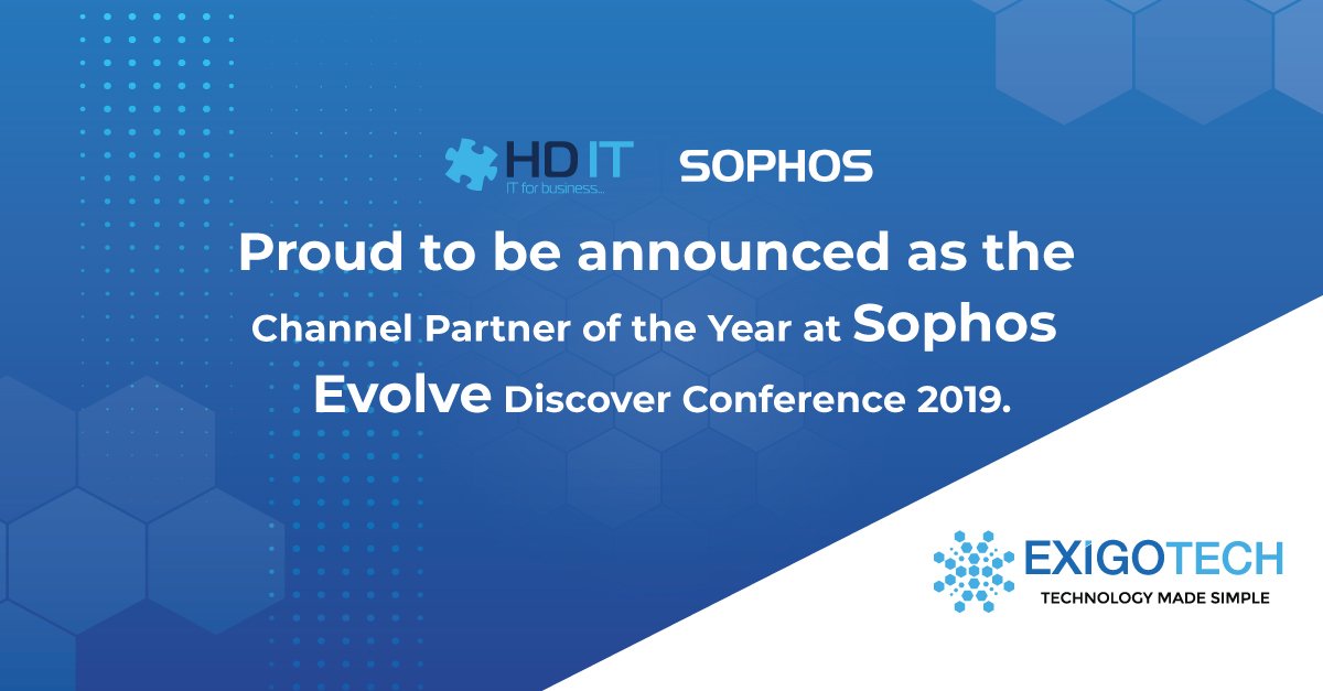 ExigoTechPtyLtd's tweet image. Exigo Tech/HD IT are thrilled to announce that we have WON the Channel Partner of the Year award at the Sophos Evolve Discover 2019 conference. This win has motivated us to keep Enabling, Empowering &amp;amp; Transforming our clients with the latest #Technologies.
 #award #sophosPC