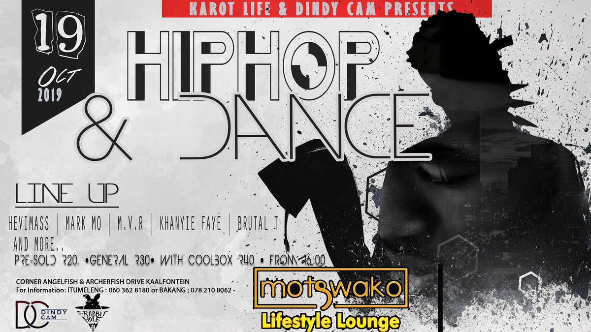 HeviMass's tweet photo. 19th October it's gon be a "Hot Date" Fam..🔥🔥
So please Be sure to catch us up at Midrand, Motswako Lifestyle Lounge, It's gonna be liiiiiiiiiit💯✌ 

With @DindyCam

#LineUpLoading 
#Hiphop&amp;Dance
#MotswakoLifestyle https://t.co/5p2xbGAunh