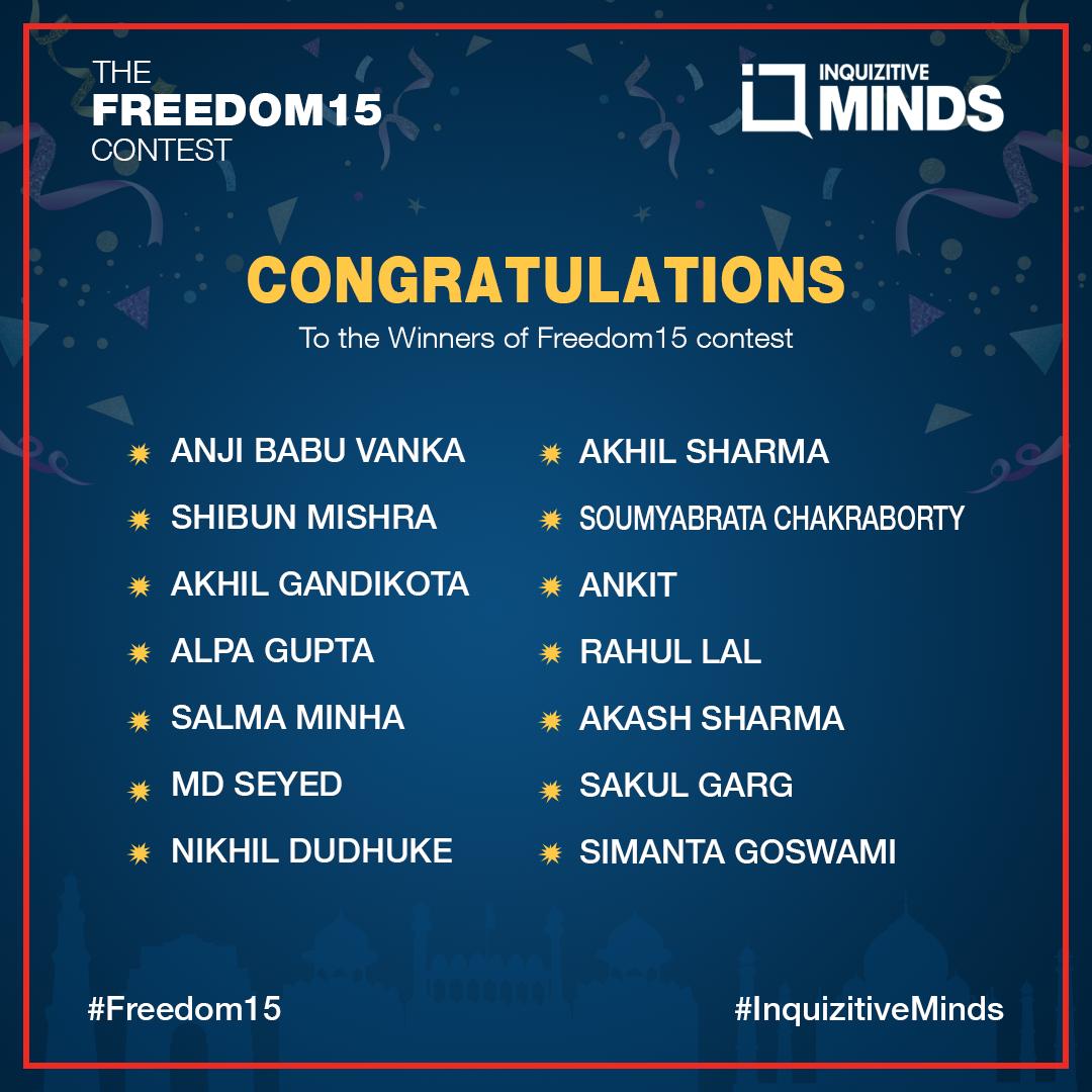 inqztvminds's tweet photo. Hey folks, Let's take a moment to congratulate our proud winners of Freedom15 contest. You were simply awesome!
Those who couldn't make it to the list this time, here's one pro tip: Just keep quizzing, you might be the winner next time. :) https://t.co/y3OHZeiONd
