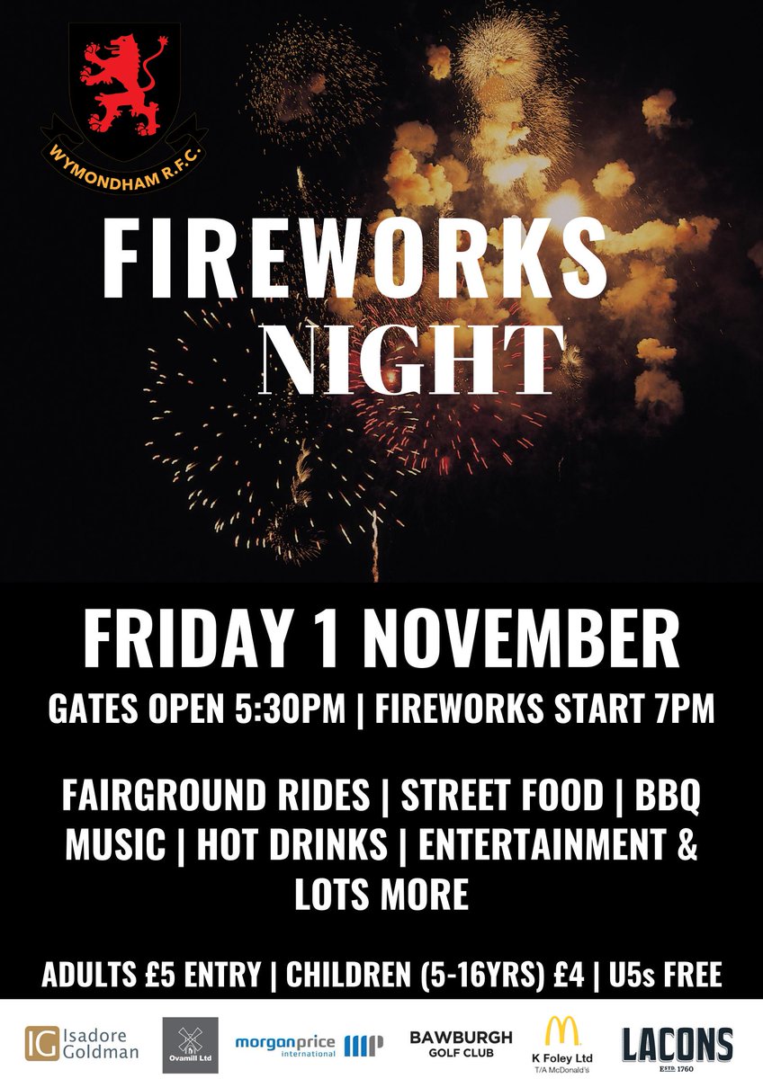 ✨Fireworks Night ✨

📣📣FRIDAY 1 NOVEMBER📣📣

Join us from 5:30pm for our fantastic Fireworks night with fun fair rides, food stalls, bar open, hot drinks and lots more...
Our Fireworks display STARTS 7pm!

Everyone welcome! Pay on the door!