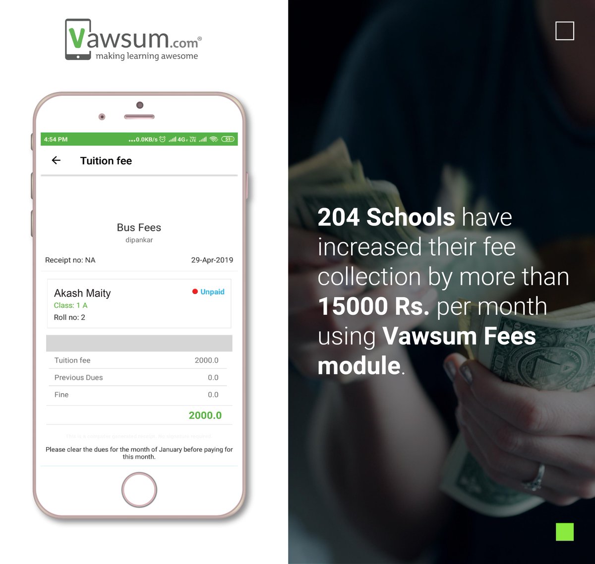 LtdVawsum's tweet photo. #ProductUpdate With the Vawsum #payfees module:

✅Schools can manage fees
✅Parents can pay fees on their mobile app
✅Schools can configure automatic fees reminders
✅Payment Gateway Integration

To know more, visit us at https://t.co/8nXAKqEQsV https://t.co/j5ERoyzknh