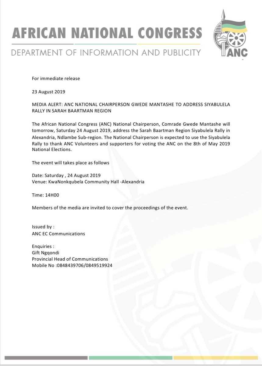 MYANC's tweet photo. MEDIA ALERT: ANC NATIONAL CHAIRPERSON GWEDE MANTASHE TO ADDRESS SIYABULELA RALLY IN SARAH BAARTMAN REGION https://t.co/YUhWI85UUa