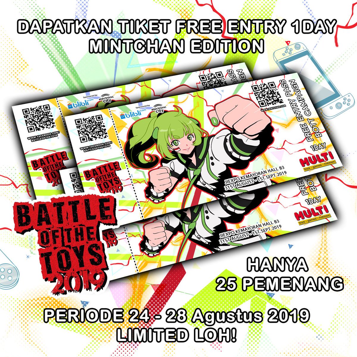 mintchanchannel's tweet photo. Mau tiket gratis untuk ke Battle of the Toys?
Cek Facebook Mintchan ya!
https://t.co/LxELLsv3Vm
#mintchan #bott2019 #multitoys https://t.co/N1RndqJ0Oe