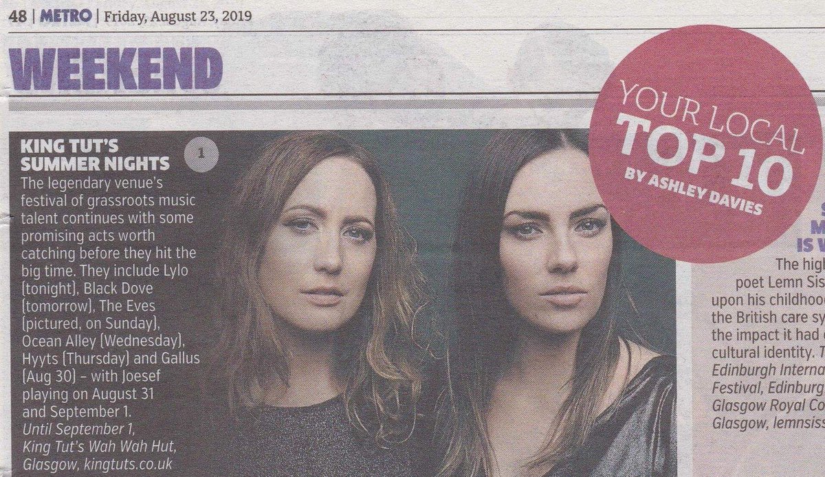 theevesmusic's tweet photo. Check us out in the Scottish @MetroUK newspaper today. 2 days to go until our headline show at @kingtuts Summer Nights festival. Some tix still available so get on it! Lotsa Love, Caroline & Marissa ♥️ #ktsn19 #dfconcerts #livemusic #Glasgow #BankHoliday https://t.co/hYnQcC6icU