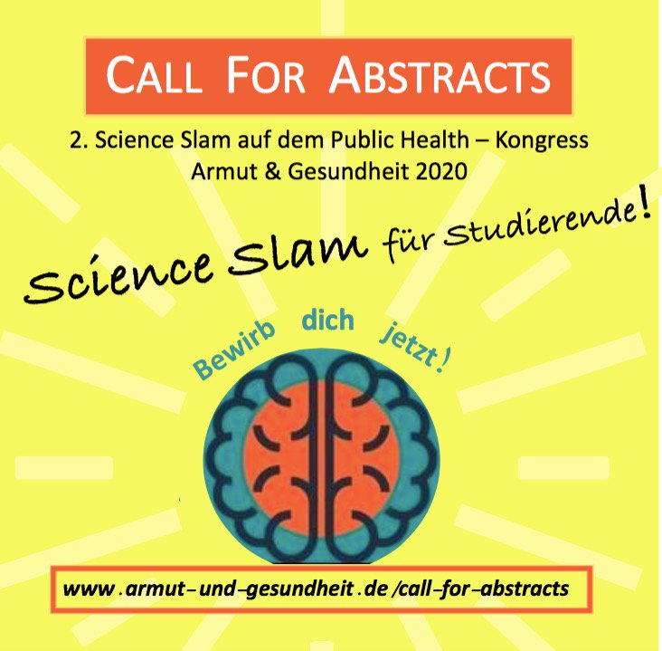Noch bis 31. August ist Zeit sich für den Science Slam zu bewerben! Möglich ist dies in 22 verschiedenen Themenbereichen &amp; ein kurzes Abstract reicht 😊
armut-und-gesundheit.de/call-for-abstr…
#ScienceSlam #KongressArmutundGesundheit