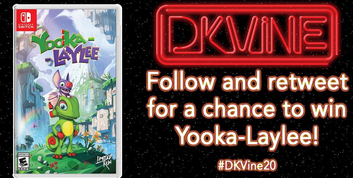 dkvine's tweet photo. We're giving away prizes for our 20th anniversary, continuing with a copy of Yooka-Laylee for Switch! Catch up on @PlaytonicGames' first title before Impossible Lair arrives in October!

To enter, follow DK Vine and retweet this before 7 AM EDT (12 PM BST) on Saturday! #DKVine20 https://t.co/Fh7icvV9m1
