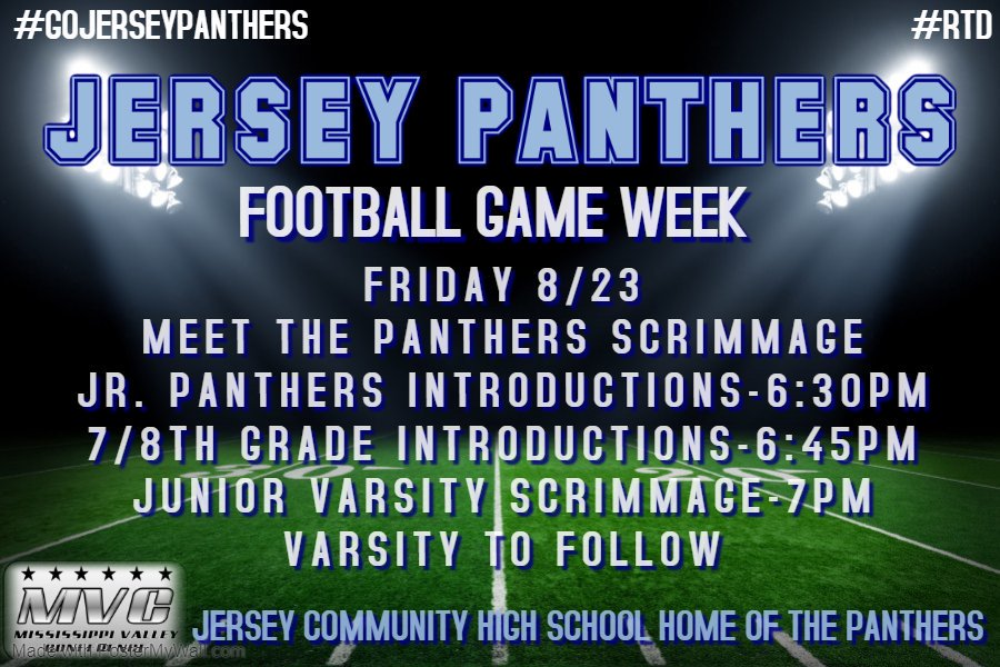 Panther Nation we have the annual Meet the Panthers Scrimmage tonight with introductions beginning at 6:30.  Freshman and Sophomores begin at 7PM and the Varsity to follow.  Come on out and get a preview of the 2019 Jersey Panther Football teams.  #GoJerseyPanthers #RTD