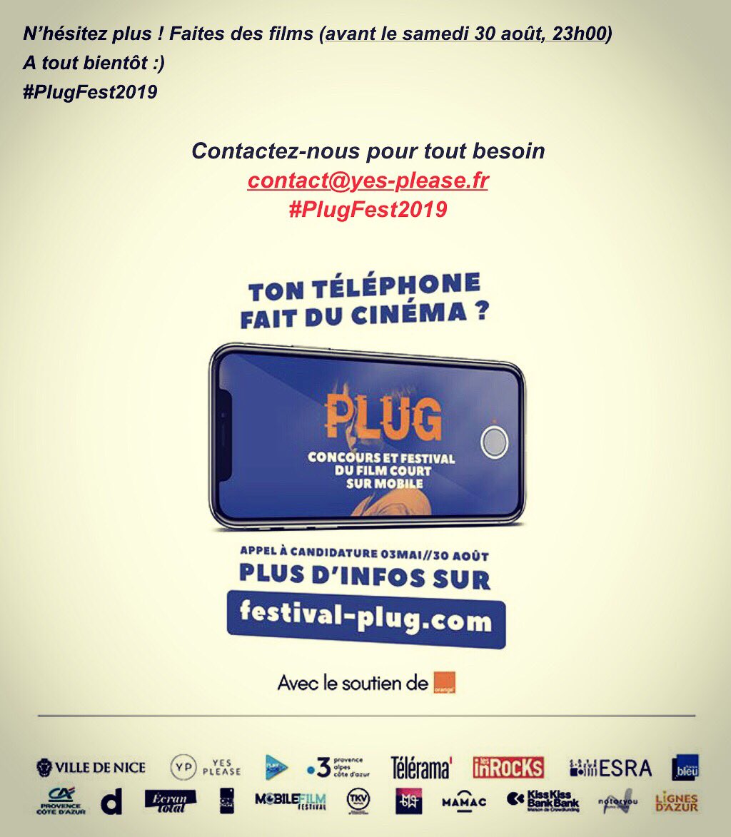 Plug_Fest_Nice's tweet photo. 1/5

🎥 #PlugFestNice2019 🎥
     [#PlugFestAnnonce]

Nouvelle du jour à J - 7 de la fin des inscriptions !

Les 20 premiers inscrits du #Concours vont bénéficier d’une entrée #VIP, ils pourront assister aux séances du Festival sur les premiers rangs qui leur seront réservés ! https://t.co/LKoSWe9HDx