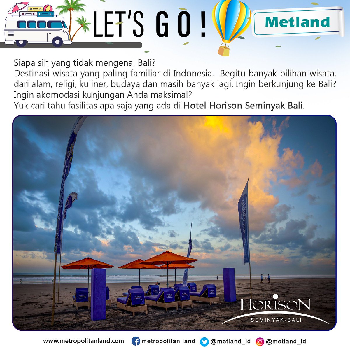 MetlandHousing's tweet photo. #MetlandPeople take a break from the chaos of the city and LET'S GO somewhere! 
.
.
.
. #happyweekend #hotels #bali #destination #beautifuldestination #explorebali #pulaudewata #liburan #tripinbali #metland #MetropolitanLand #horisonseminyak #hotelhorison #sunset https://t.co/wULUKiZNMF
