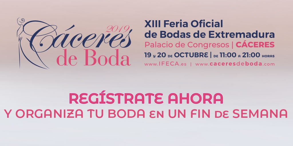 ¿Te casas? 👰🤵
Regístrate ahora para #CáceresdeBoda y organiza tu #boda en un fin de semana 😳.
Te esperamos en el Palacio de Congresos de #Cáceres los días 19 y 20 de octubre.
Regístrate YA y accede GRATIS: caceresdeboda.com/registro-novios
#CCdeBoda2019