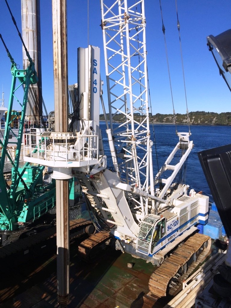 SoilmecSpa's tweet photo. The #Soilmec #SC120 #crane, equipped with the #SA40 #hydraulicRotary, is used in the #foundationWorks for the pillars of the Bridge over the #Chacao Channel. The work, currently under construction, will link the island of Chiloé with continental Chile ... https://t.co/3ch45ap6xD https://t.co/SzK9iqq6Z4