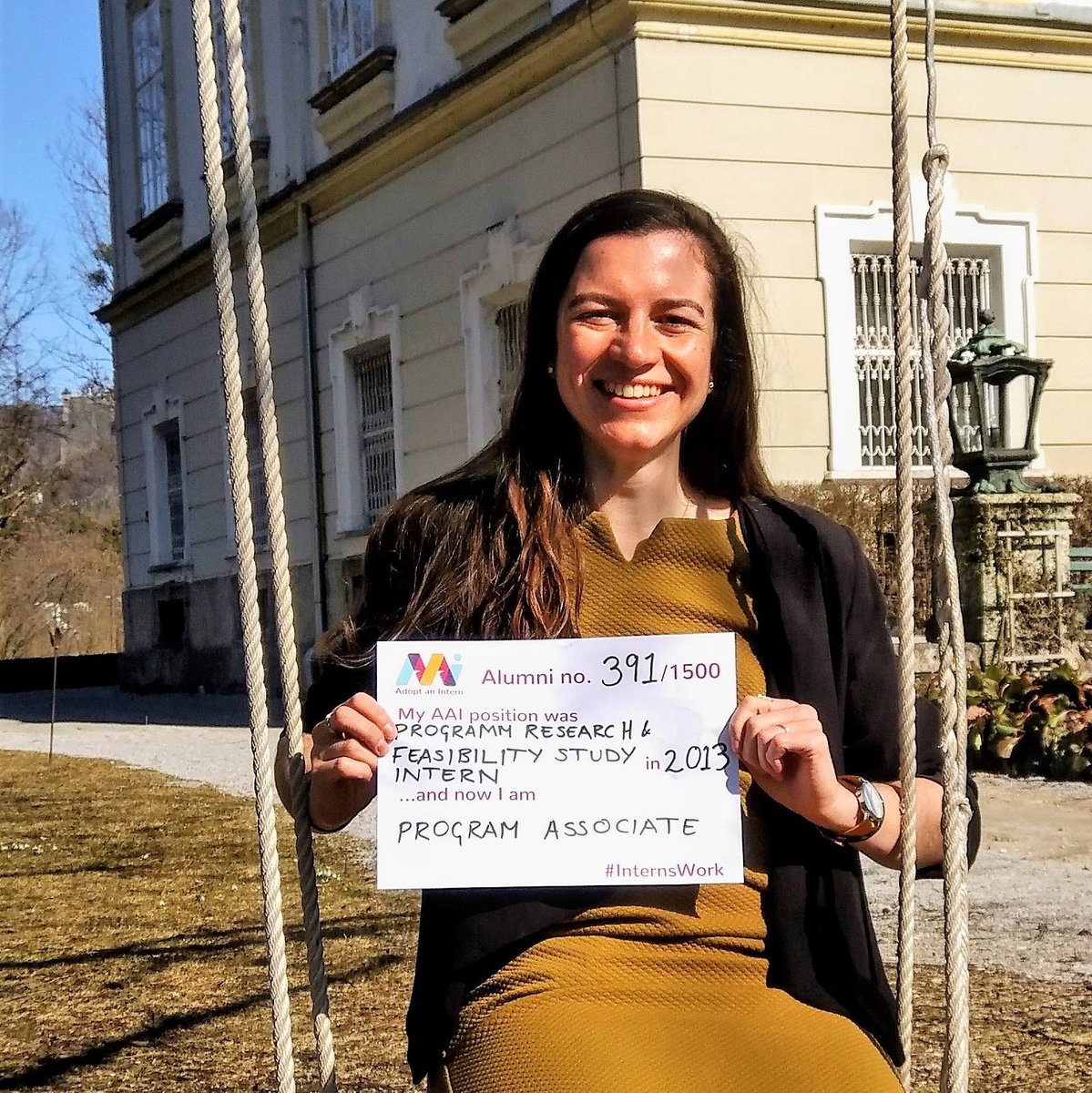 AAIEmploy's tweet photo. .@JennDunn11 is our #InternsWork success story today!
Since her AAI #internship at @SmartPlayNtwrk in 2013, Jennifer's career has taken her to Austria where she is a Program Associate at the illustrious @salsburggl, challenging current and future leaders to shape a better world! https://t.co/EmE7NSJtEO