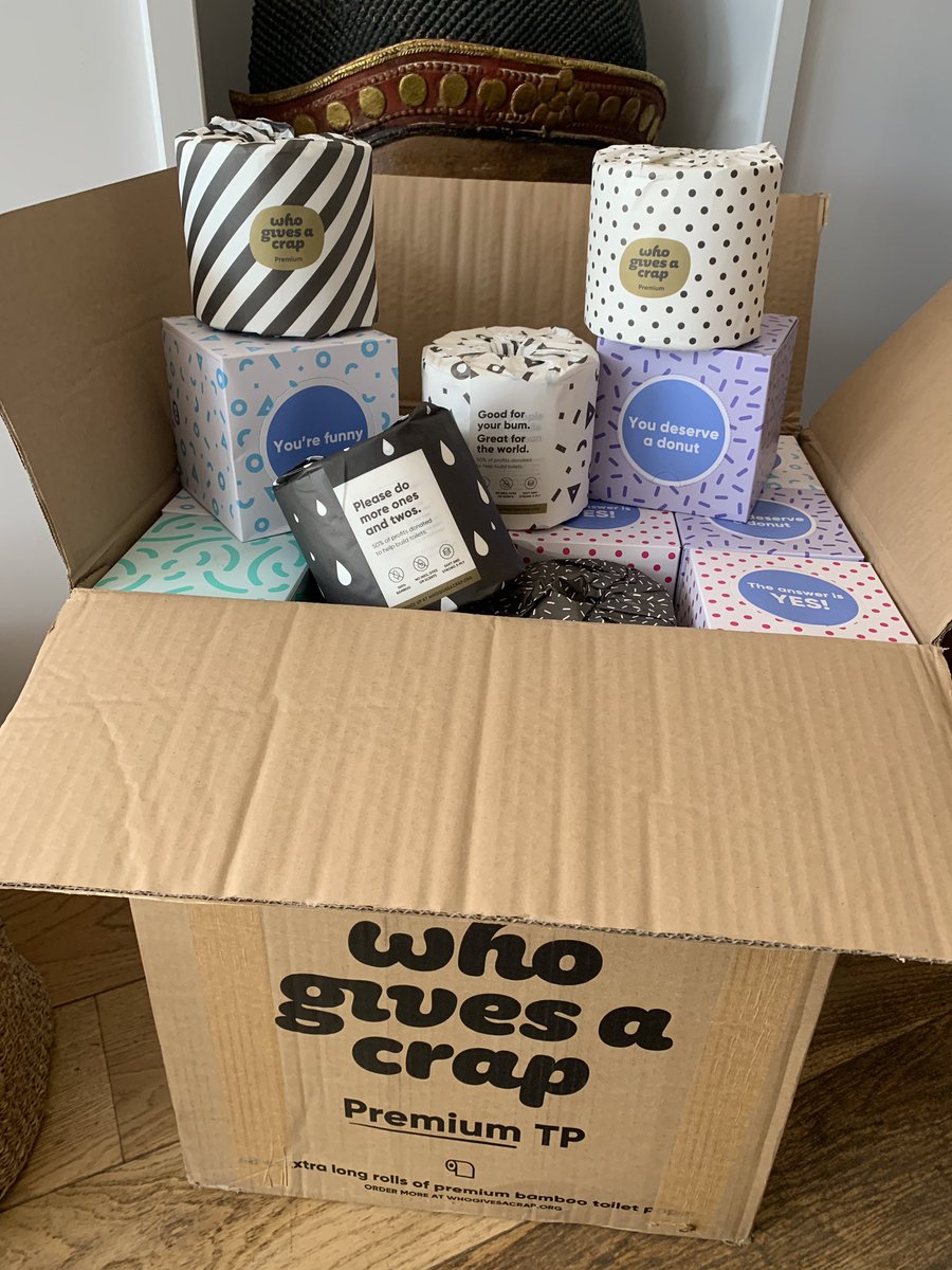 GinnyBuckley's tweet photo. Didn’t think it was possible to get excited about loo rolls &amp; boxes of tissues but thanks to @WhoGivesACrapTP I am!! Love their ethos and sense of humour!

Check them out, they use 50% of profits to build loos.

Thanks for the tip @The_PlugSeeker! 

#WhoGivesACrap #NiceBums https://t.co/X9xns3vdbB