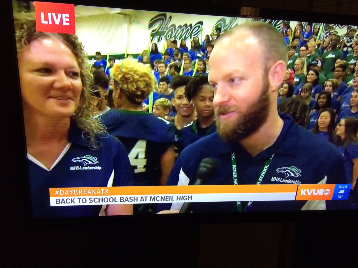 MavsAssocPrinc's tweet photo. What a cool way to start a Friday! On camera with Ms. Johnson. Thank you  @KVUE @BryanM_KVUE for showcasing our MAVTASTIC @MHSMavs students and community this morning. #MayTheHorseBeWithYou 💙💚🤙🏻💙💚🏈💙💚🎼💙💚🥁💙💚💃🏽💙💚🏊🏽‍♂️it’s going to be a great year! https://t.co/SAJ94cnT8W