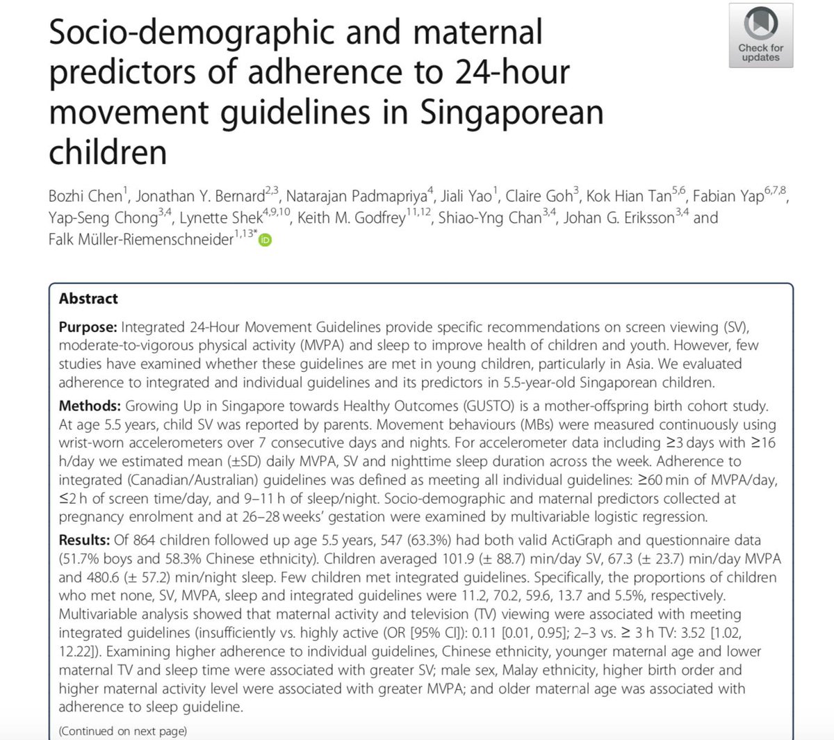Our new publication in <a href="/IJBNPA/">IJBNPA</a> Only 1 in 20 Singapore preschool children meet daily integrated guidelines of ≥60 mins moderate to vigorous physical activity, ≤ 2 hrs screen viewing &amp; 9-11 hrs sleep <a href="/CHEN_Bozhi/">Sophie Bozhi Chen</a> @J_Y_Bernard <a href="/KeithMGodfrey/">Keith Godfrey, MBE</a> <a href="/Falk_M_R/">Falk_M.-R.</a> 

rdcu.be/bPln6