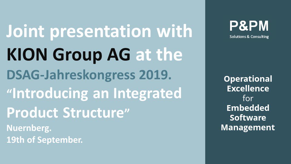 Jens4PandPM's tweet photo. Joint presentation with KION AG: Visit the DSAG Conference in Nuernberg. We presents ways to integrated Embedded Software into an overall product structure using SAP PLM. https://t.co/417LUUJn7J