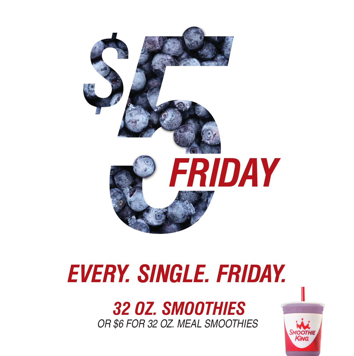 SKFortBen's tweet photo. Smoothie King Fort Ben Alert: It's $5 Friday! Every Friday! All Day! $5-32oz Smoothies & $6-32oz MR Smoothies! #HowDoYouFRIDAY #RuleTheDay E&E's Buy 2 Get 1 FREE! https://t.co/9mQCh6lLtx