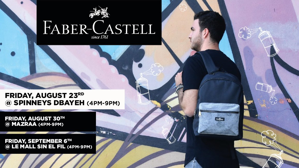 Join us at Maliks Spinneys Dbayeh TodayFriday, August 23rd, from 4PM till 8PM to decorate your new Faber-Castell backpacks with Graffiti and Art by live artists!