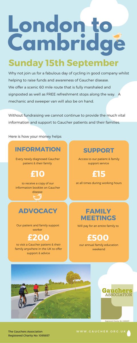 There are just 3 weeks until our charity #LondontoCambridge bike ride on 15th September <a href="/Charity_Bike/">Cycling Support</a> <a href="/SiEntries/">SiEntries</a> there is still time to register online at gaucher.org.uk #FridayFeeling #cylceforgaucher🚴‍♀️🚴‍♂️