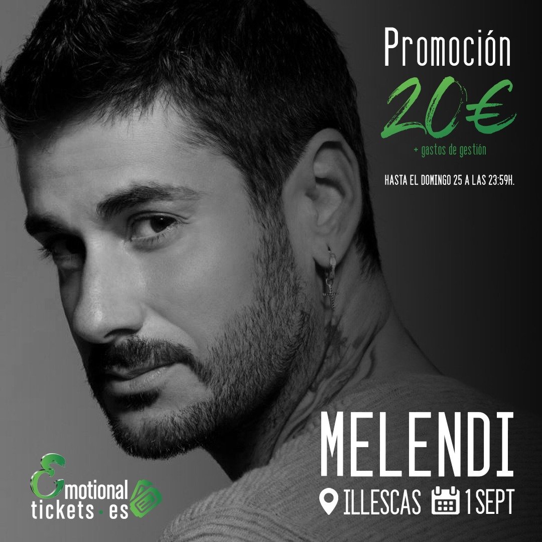 Emotionalticket's tweet photo. ¡¡A T E N C I Ó N!!

Solo este fin de semana podréis conseguir las entradas para ver a Melendi el próximo 1 de septiembre en Illescar por 20€. 🎙 ¡Oferta válida hasta el domingo 25 a las 23.59h!⚡️

Compra ya tu entrada a precio especial aquí: 
https://t.co/jAsp0sZ10z https://t.co/vjM9ikUOOB