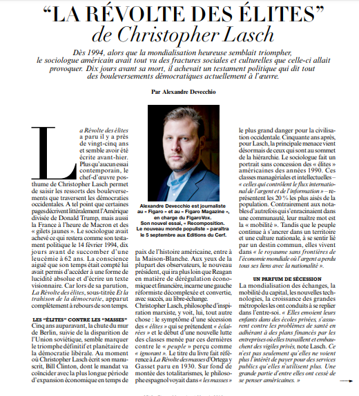 AlexDevecchio's tweet photo. A lire dans le @FigaroMagazine_ et le @FigaroVox, le dernier épisode de notre série sur les grands essais du XXe siècle. J'y reviens sur "La Révolte des élites" de Christopher Lasch. Paru il y a près de vingt-cinq ans, ce chef-d’œuvre posthume semble avoir été écrit avant-hier. https://t.co/PD9iEozRPP