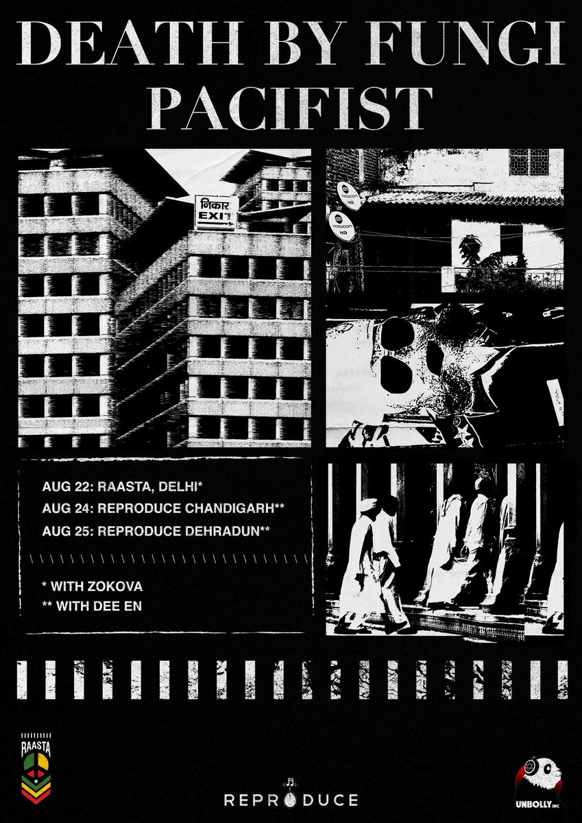 RollingStoneIN's tweet photo. #GigAlert: #Mumbai hardcore/punk bands @DeathByFungi and @pacifistindia join #NewDelhi's #DeeEn this week for @reproduceindia sessions in #Chandigarh (August 24th) and #Dehradun (August 25th). Head over to https://t.co/gl8gzUTU7D to find more gigs near you. 
Art: @ShreyKathuria https://t.co/W4IpFgtAMj