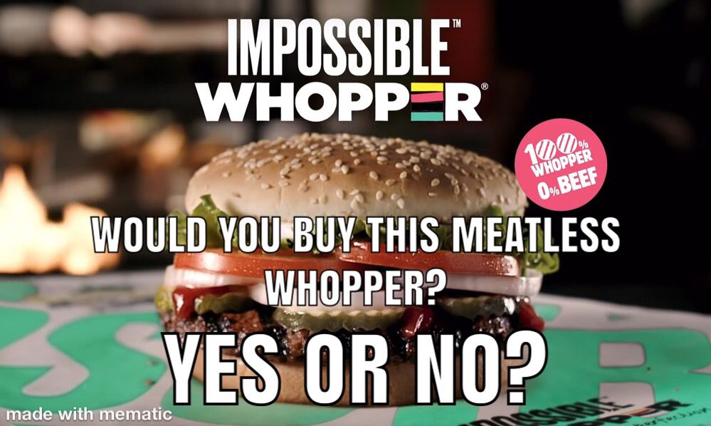 SlightlyOffTpic's tweet photo. What’s your opinion on this meatless burger? #BurgerKing #ImpossibleWhopper #SlightlyOffTopic #YesOrNo https://t.co/OhzcMT3OHM