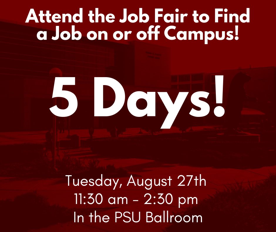 msu_studentemp's tweet photo. It’s 5 days away! Are you as excited as we are? If you’re looking for a job, or know somebody that is, come to the job fair! On Tuesday, August 27th from 11:30am to 2:30pm in the PSU Ballroom you can meet employers find the job that is right for you! We’ll see you there! https://t.co/F6SUav1pG5