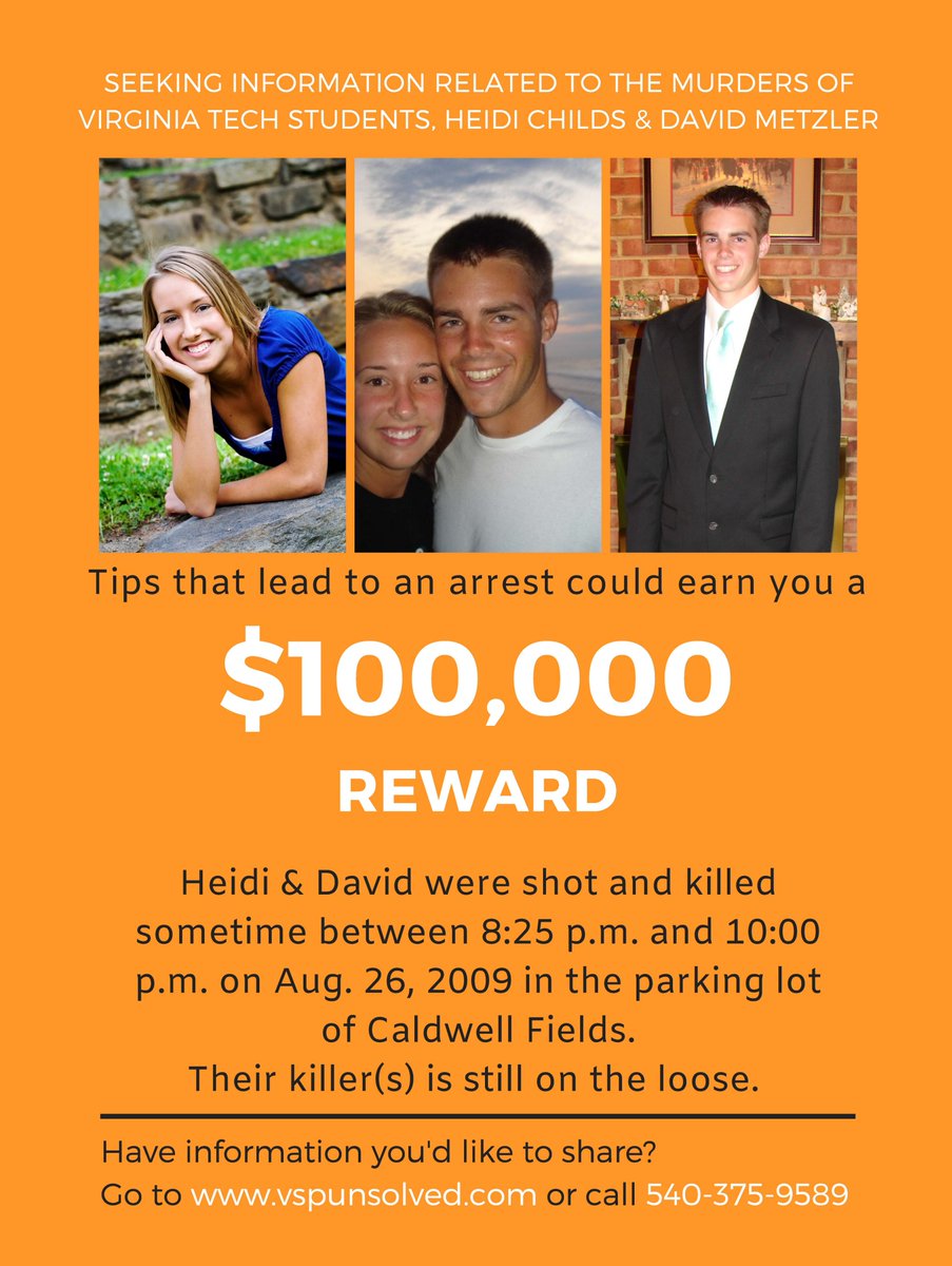 VSPPIO's tweet photo. #VSP @VAMCSO #Blacksburg PD #Christiansburg PD @VTPDChief @USMarshalsHQ @forestservice @WDVAnews #Montgomery County Commwealth's Atty seeking tips in 2009 murders at #CaldwellFields in @montgomeryva. Go to https://t.co/FvhZy12a4c w/tips & to learn more or call 540-375-9589. https://t.co/UEHuHfpaiA
