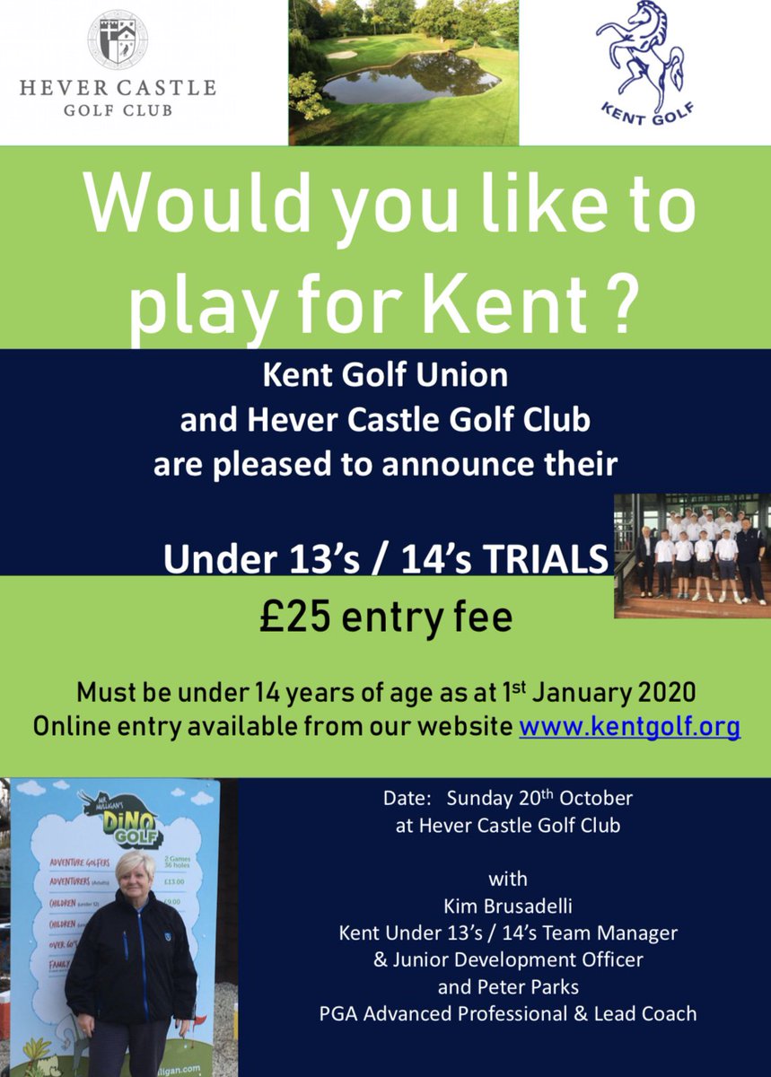 Are you interested in playing for Kent in 2020?🏌🏻‍♂️🏆⛳️

Make sure you apply for the upcoming Under 13’s/14’s trials on the 20th October at Hever Castle Golf Club 🎉

Enter the event online via: kentgolf.org/visitoropen.ph…

#KentGolf #RepresentKent #AmateurGolf #JuniorGolf