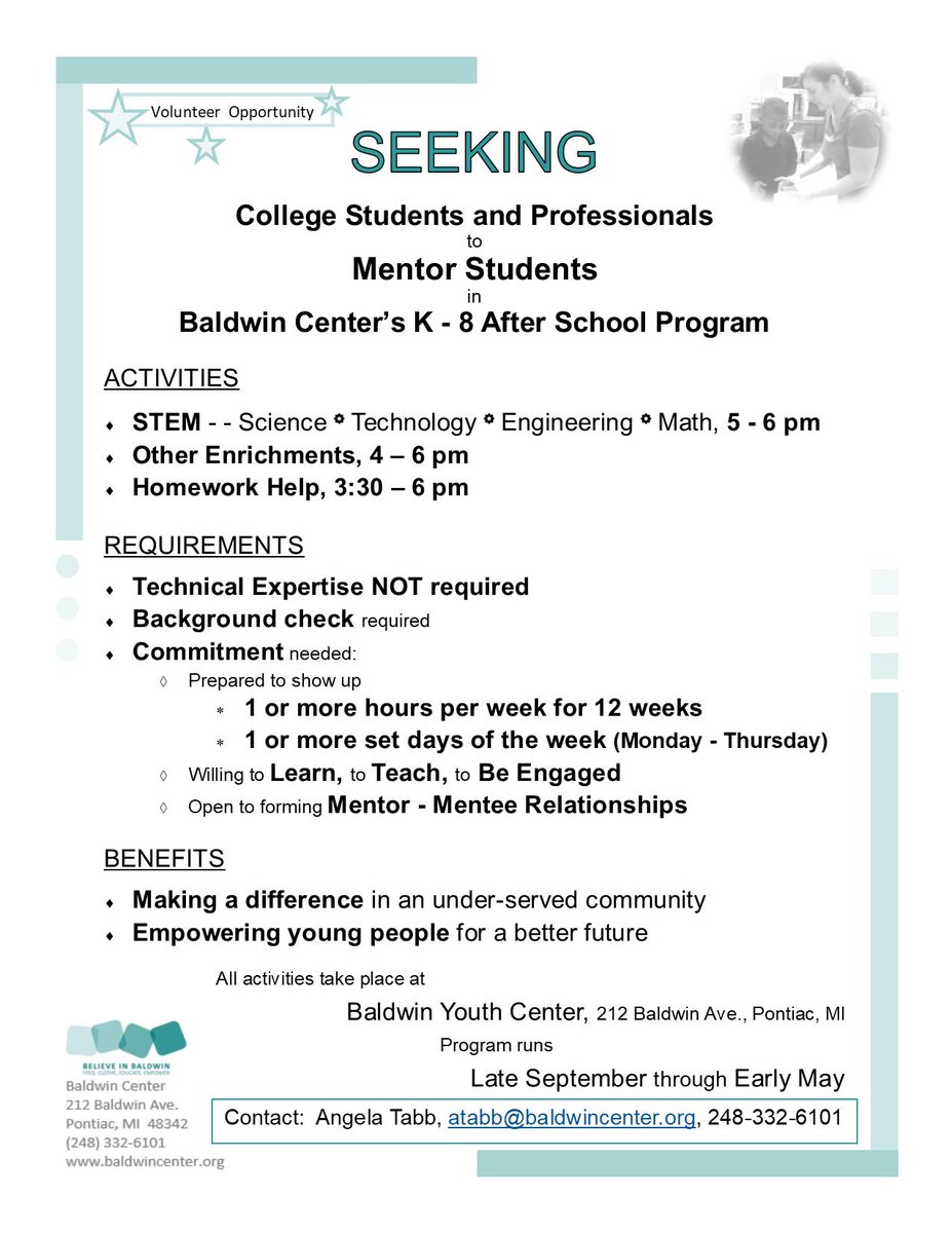 "We rise by lifting others." - Robert Ingersoll
Volunteer Opportunity: Mentoring