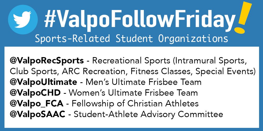 ValpoAdmission's tweet photo. @ValpoCoE @ValpoCoB @ValpoWeather @ValpoMusic @ValpoDeptofComm @ValpoGeography @VUmusictherapy @ValpoUPhysAstro @valpocc @ValpoFSL @ValpoLambdaChi @ValpoPhiDelt @ValpoPKP @ValpoPhiMuAlpha @ValpoPhiSig @ValpoPIKE @ValpoSigmaChi @ValpoSigEp @ValpoSigmaPi @ValpoAPO @ValpoDM @valpoearthtones @ValpoULYMCrew @ValpoRelay @ValpoSALT @ValpoGoesBald @VUCrimClub @GermanClubVU @valpo_spark @ValpoStorm @valpo_dsp @EntValparaiso @ValpoSSWO @ValpoHCLSA @ValpoPHSA @ValpoASCE @_thelighter @ValpoTorch @VUTVWeather @WVUR If joining intramurals or club sports is on your list, follow these accounts! #ValpoFollowFriday

(And for a full list of club sports and intramurals check out rec sports website at https://t.co/Z0m1KCxCGX.) https://t.co/oQzfbgLDlj