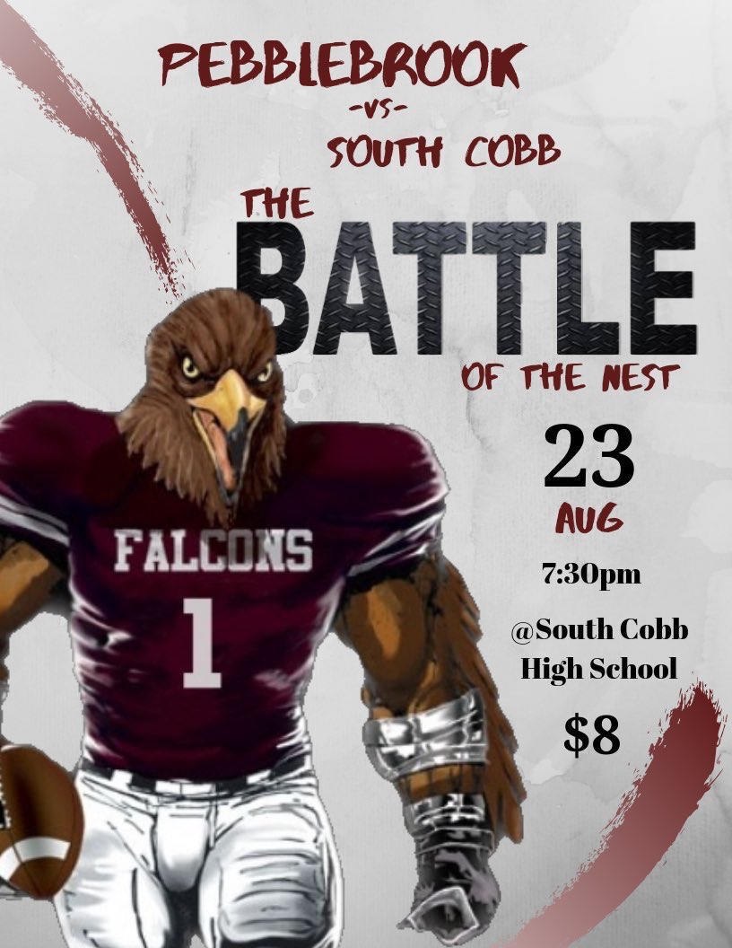 Battle of the Nest TONIGHT @SouthCobb_FBall HighSchool. Time to watch them falcons dominate them Eagles in their own nest! #BrookSquad