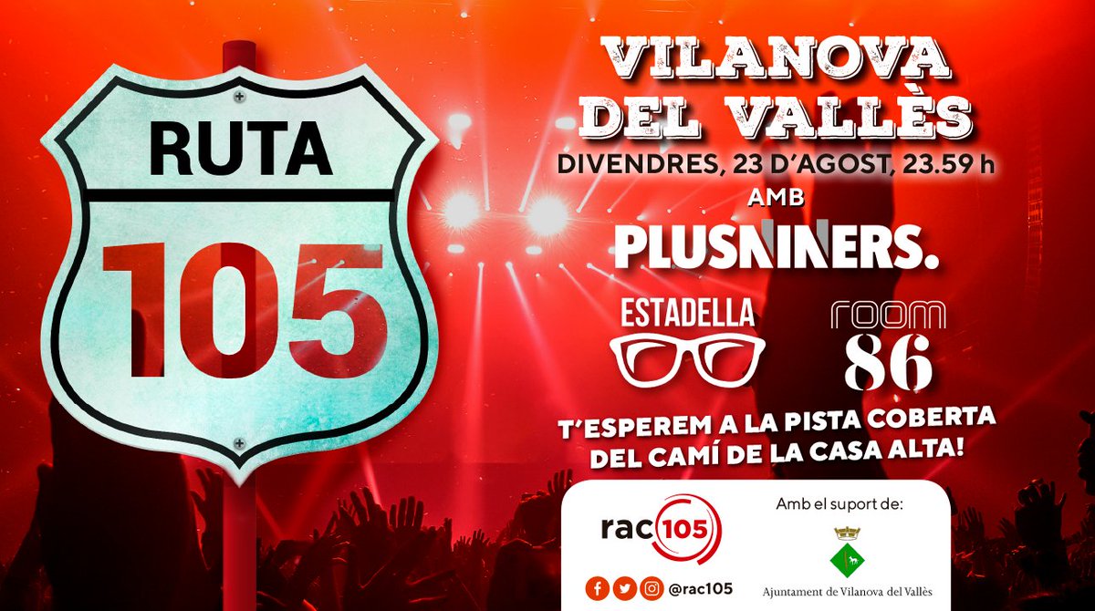rac105's tweet photo. ⚠️ Aquesta nit #Ruta105 a Vilanova del Vallès 🎉
Amb:
🎧#Plusniners
🎧 #Room86
🎤 @gestadella
😍 No t'ho perdis‼️ https://t.co/iVwnbbw6pi
