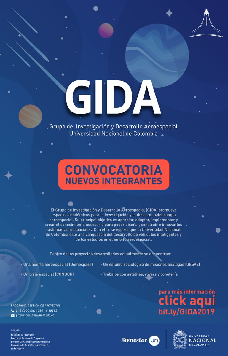 oscar6ojeda's tweet photo. No se pierdan la oportunidad de participar en este sueño que comenzó hace ya 6 años, únanse al Grupo de Investigación y Desarrollo Aeroespacial, @GIDAUN de la @UNColombia, ayuden a hacer el sueño de una Colombia espacial real...! Todos los perfiles son bienvenidos https://t.co/WRYkgiYNJS