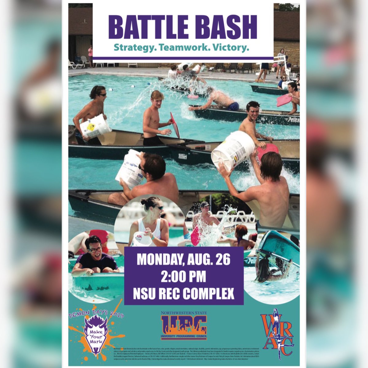 NSU_UPC's tweet photo. Assemble your teams and meet us at the NSU Rec Complex on Monday, August 26th, at 2pm for LIFE SIZE battleship, log rolling, and MUSTACHE MIKES!!🛶🤘🏼😈 https://t.co/uBIAwarwmh