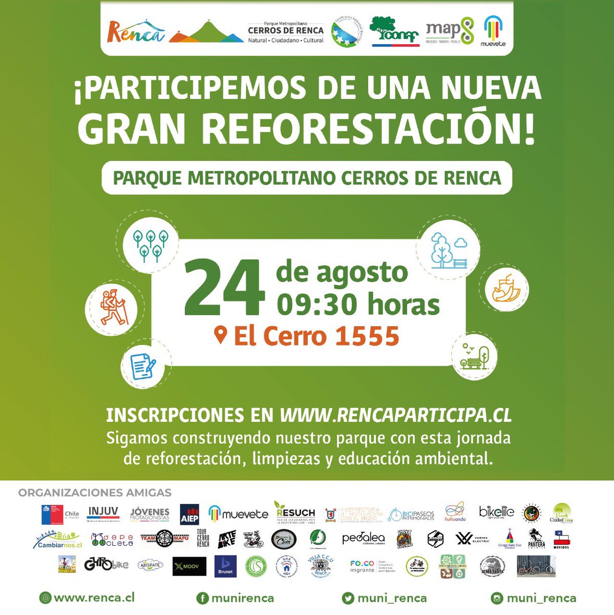 Recuerda mañana! Nuestra gran plantación de #BiciForestacion en el Parque Cerros de Renca. Las biciravanas inician su recorrido desde Plaza Italia a las 8:30 y Maipu desde las 8:15 (metro las Parcelas pasando por Metro Pudahuel junto <a href="/team_mapu/">Team Mapu Pudahuel</a> ) . Únete! Te esperamos con un 💚