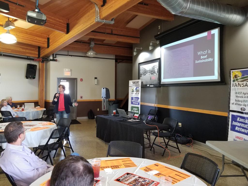 GregAkagi's tweet photo. To kick off the @WIBWNews Beef Producers Information Seminar, @DebbieLB talks about the U.S. Roundtable for Sustainable Beef framework. #FlintHillsBeefFest #Sustainability https://t.co/pHQTdrvrbF