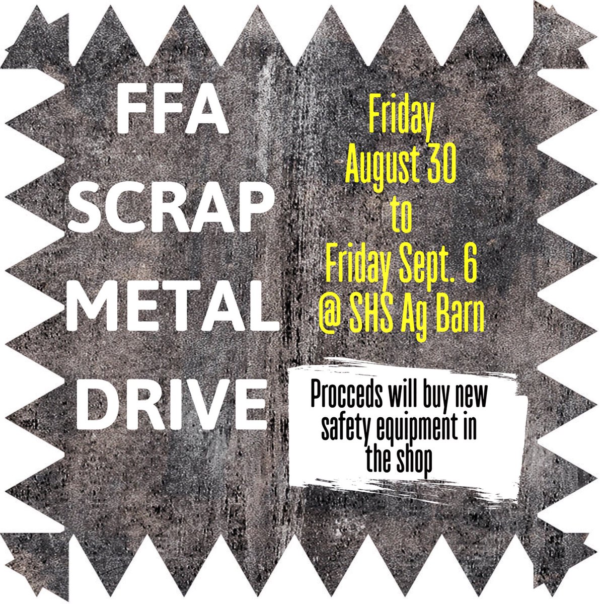 SpringportFFA's tweet image. Clean up your fence-rows/yard &amp;amp; help us out! Drop off your scrap metal to our container (by the Ag barn) between Friday August 30 - Friday September 6 &amp;amp; help the FFA purchase new safety equipment for the shop.