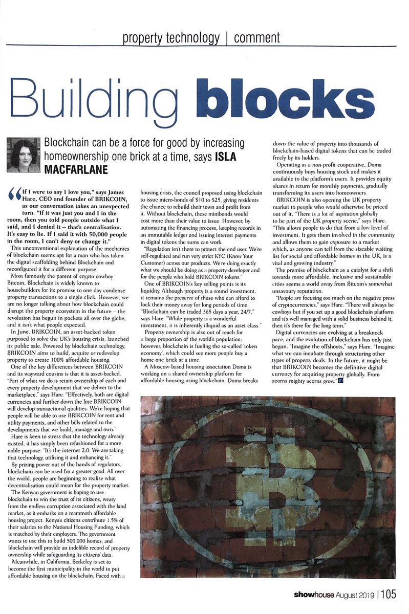 BRIKCOIN's tweet image. NEW ARTICLE! This is a fantastic article and gives you a great understanding of not only how BRIKCOIN works, but how blockchain can truly revolutionise the property industry. A big thank you to Isla Macfarlane and Showhouse for taking the time and writing such a great article. 👏