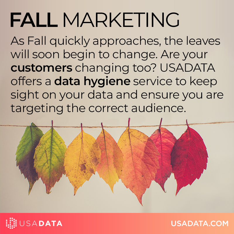 usadata's tweet photo. Fall is coming, the leaves are changing colors and your customers may be changing too. USADATA offers a data hygiene service to keep sight of your data and ensure you are targeting the correct audience.
#FallMarketing #DataDriven #DataHygiene https://t.co/0NpcLRo7p5