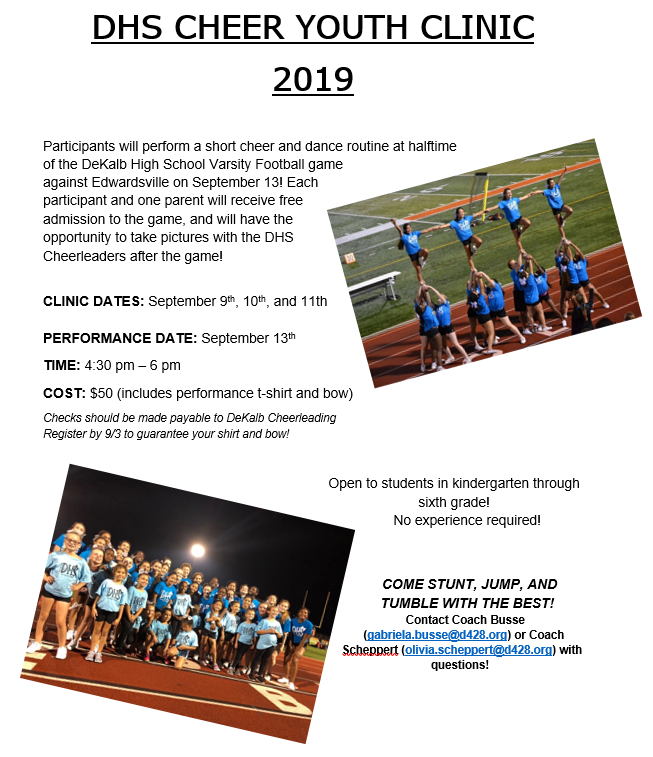 DeKalb_Cheer's tweet photo. Come join us September 9th-13th for our annual youth camp! Open to all students in kindergarten through sixth grade! Our cheerleaders are so excited to work with you! #dvc #djvc #onlyonebarb #proudlydekalb https://t.co/0yAyQ3dUI9