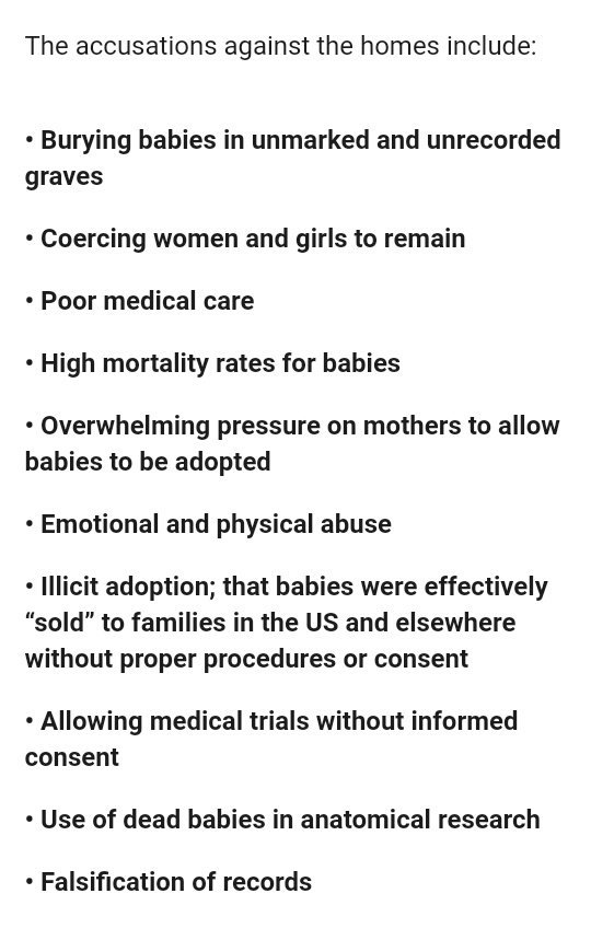 LaundryThePlay's tweet photo. TW: forced adoption, infant death, physical and mental abuse
.
Among other details, the article lists some of the accusations against the homes (pictured). We want to continue to tell this story, to shout it as loud as we can. This cannot happen again. https://t.co/ozFzDzGHIS